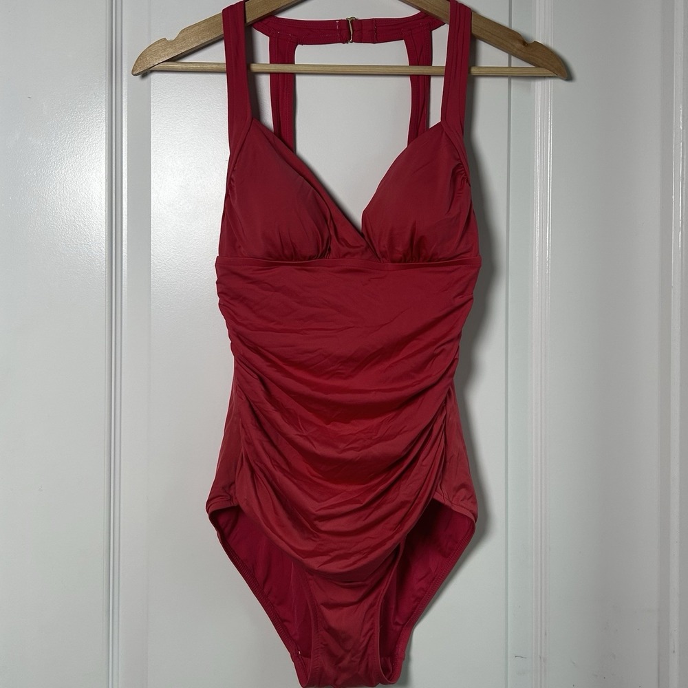 Badgley Mischka Crimson Red Ruched Halter V-Neck Sculpting One-Piece Swimsuit